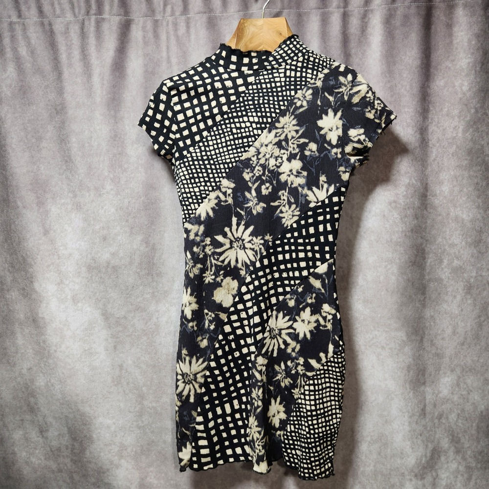 Urban Outfitters Mixed Print Mock Neck Mini Dress Black Cream Floral Grid M